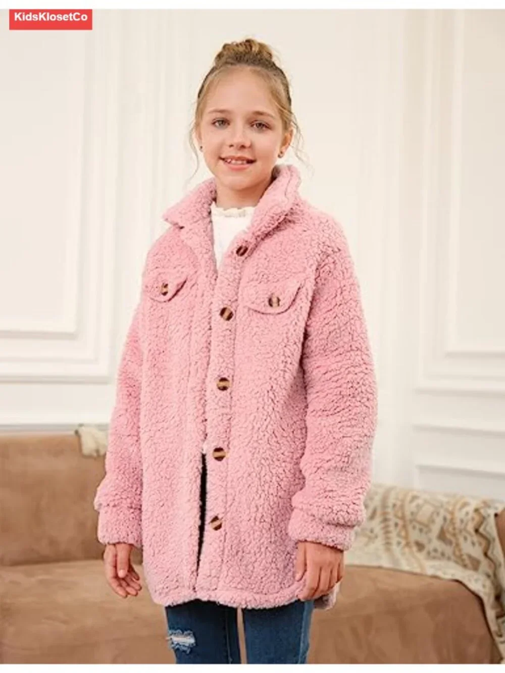 Girls Fuzzy Sherpa Fleece Jacket Casual Button Down Winter Coat